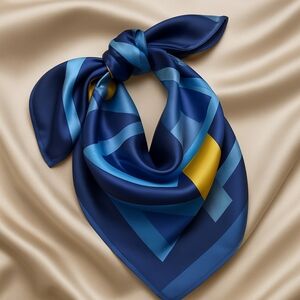 J.D. Dubois Silk Scarf 30x30 – Luxe Geometric Blue & Gold Tie Style Accessory